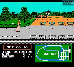 In-game screen of the game Family Trainer - Jogging Race on Nintendo NES