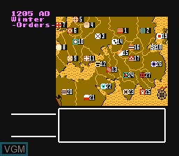 In-game screen of the game Genghis Khan on Nintendo NES
