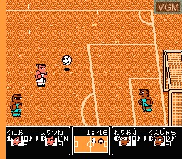 In-game screen of the game Kunio-Kun no Nekketsu Soccer League on Nintendo NES