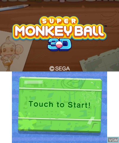 Title screen of the game Super Monkey Ball 3D on Nintendo 3DS