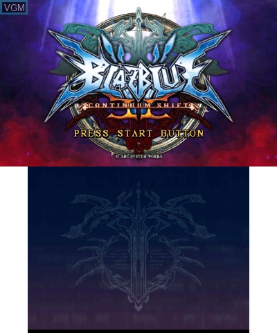 Title screen of the game BlazBlue - Continuum Shift II on Nintendo 3DS