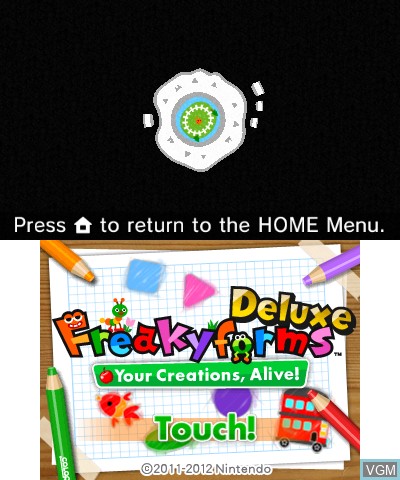 Title screen of the game Freakyforms Deluxe - Your Creations, Alive! on Nintendo 3DS