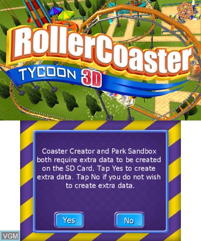 Title screen of the game RollerCoaster Tycoon 3D on Nintendo 3DS