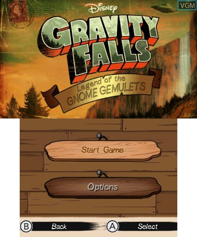 Title screen of the game Gravity Falls - Legend of the Gnome Gemulets on Nintendo 3DS