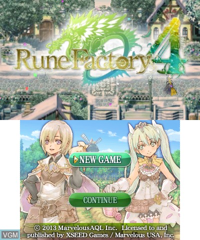 Title screen of the game Rune Factory 4 on Nintendo 3DS