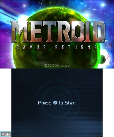 Title screen of the game Metroid - Samus Returns on Nintendo 3DS