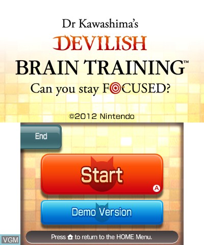 Title screen of the game Dr. Kawashima's Devilish Brain Training - Can You Stay Focused on Nintendo 3DS