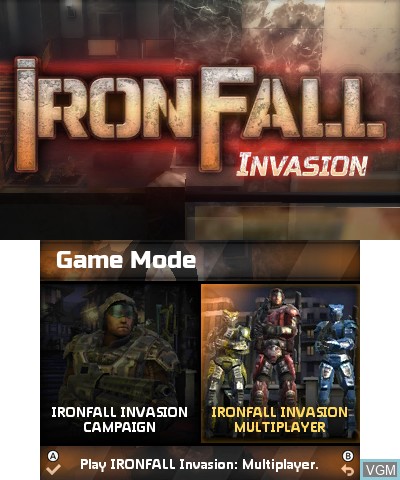 Title screen of the game IRONFALL Invasion on Nintendo 3DS