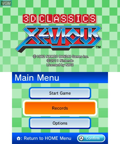 Title screen of the game 3D Classics - Xevious on Nintendo 3DS