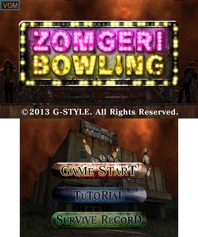 Title screen of the game Zomgeri Bowling on Nintendo 3DS