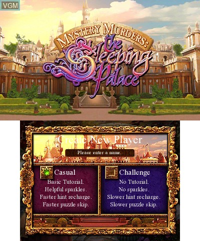 Title screen of the game Mystery Murders - The Sleeping Palace on Nintendo 3DS