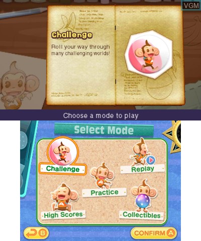 Menu screen of the game Super Monkey Ball 3D on Nintendo 3DS