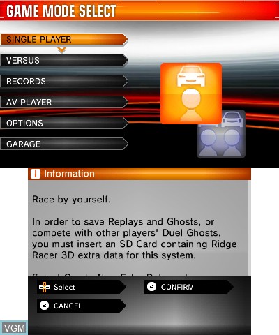Menu screen of the game Ridge Racer 3D on Nintendo 3DS