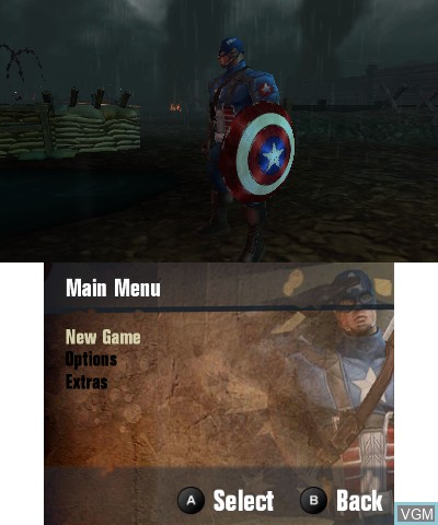 Menu screen of the game Captain America - Super Soldier on Nintendo 3DS