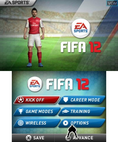 Menu screen of the game FIFA 12 on Nintendo 3DS