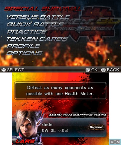 Menu screen of the game Tekken 3D - Prime Edition on Nintendo 3DS