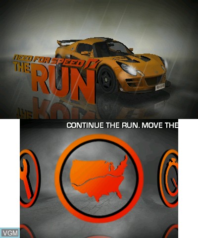 Menu screen of the game Need for Speed - The Run on Nintendo 3DS