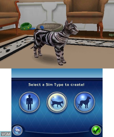 Menu screen of the game Sims 3, The - Pets on Nintendo 3DS