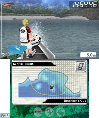 Menu screen of the game Angler's Club - Ultimate Bass Fishing 3D on Nintendo 3DS