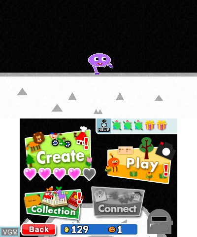 Menu screen of the game Freakyforms Deluxe - Your Creations, Alive! on Nintendo 3DS