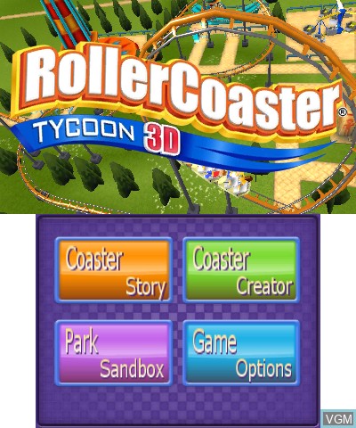 Menu screen of the game RollerCoaster Tycoon 3D on Nintendo 3DS