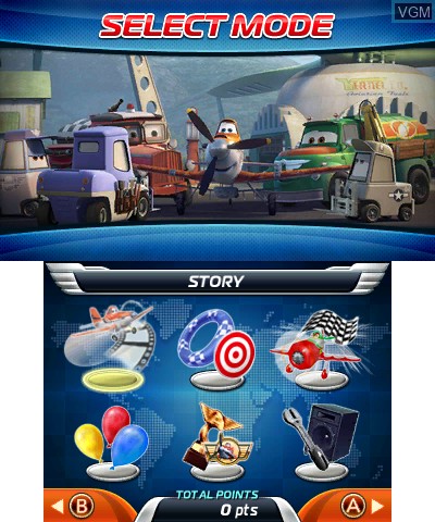 Menu screen of the game Disney Planes on Nintendo 3DS