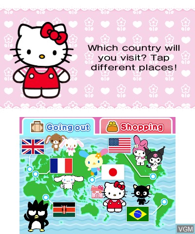 Menu screen of the game Around the World with Hello Kitty and Friends on Nintendo 3DS