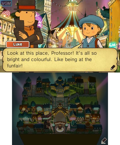 Menu screen of the game Professor Layton and the Miracle Mask on Nintendo 3DS