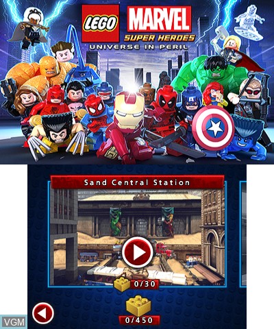 Menu screen of the game LEGO Marvel Super Heroes - Universe in Peril on Nintendo 3DS