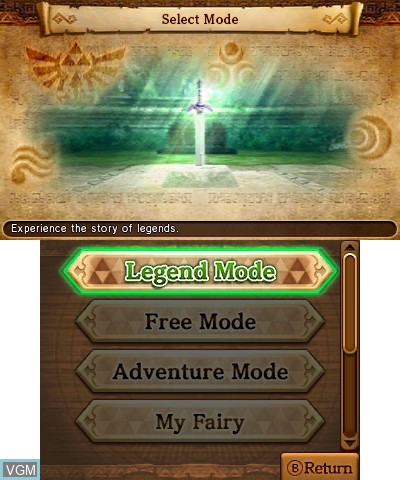 Menu screen of the game Hyrule Warriors Legends on Nintendo 3DS