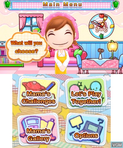 Menu screen of the game Cooking Mama 5 - Bon Appetit! on Nintendo 3DS