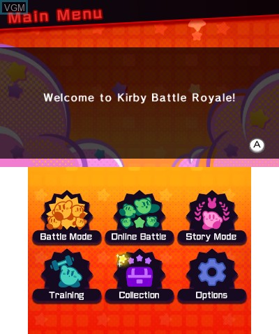 Menu screen of the game Kirby Battle Royale on Nintendo 3DS