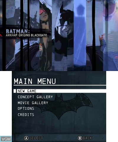 Menu screen of the game Batman - Arkham Origins Blackgate on Nintendo 3DS
