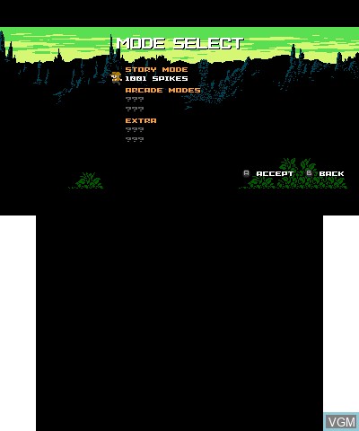 Menu screen of the game 1001 Spikes on Nintendo 3DS