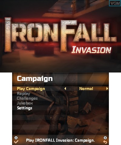 Menu screen of the game IRONFALL Invasion on Nintendo 3DS