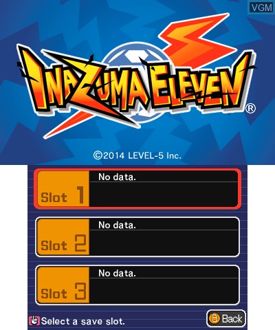 Menu screen of the game Inazuma Eleven on Nintendo 3DS