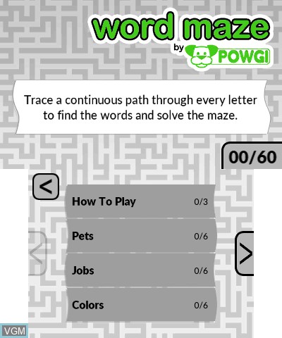 Menu screen of the game Word Puzzles by POWGI on Nintendo 3DS