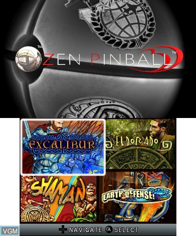 Menu screen of the game Zen Pinball 3D on Nintendo 3DS