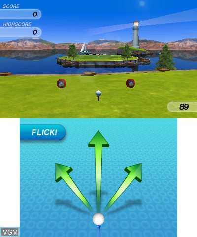 In-game screen of the game Flick Golf 3D on Nintendo 3DS