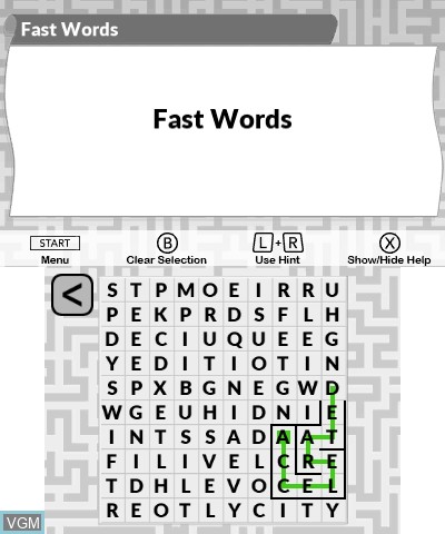 In-game screen of the game Word Puzzles by POWGI on Nintendo 3DS