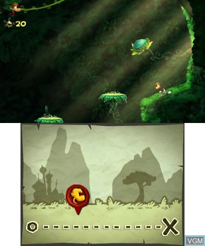 In-game screen of the game Rayman Origins on Nintendo 3DS