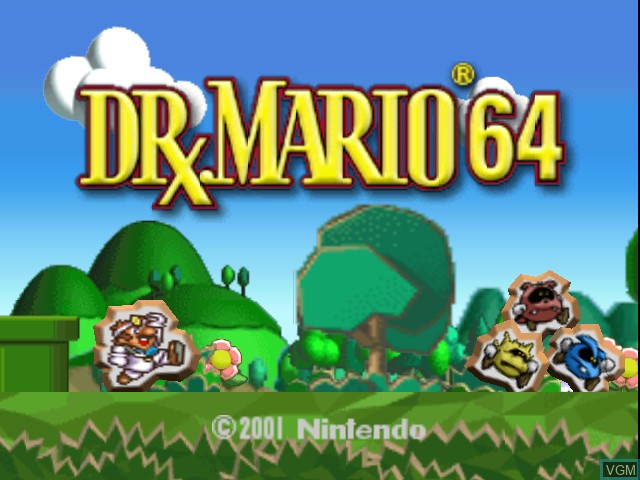Title screen of the game Dr. Mario 64 on Nintendo 64