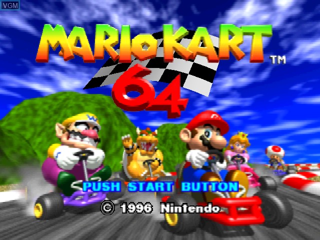 Title screen of the game Mario Kart 64 on Nintendo 64