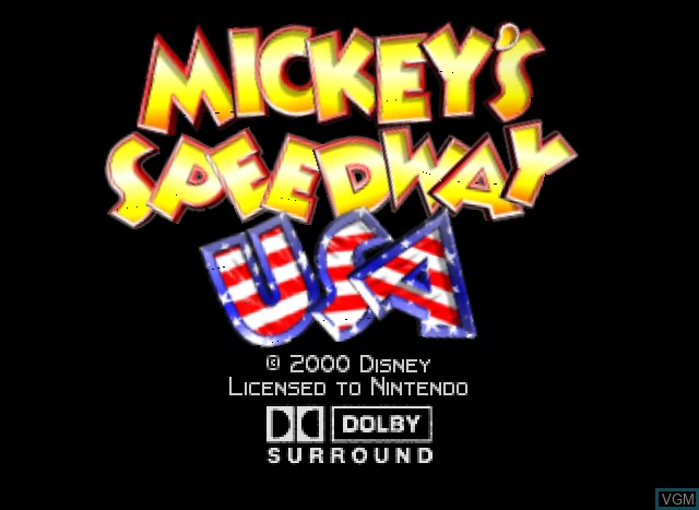 Title screen of the game Mickey's Speedway USA on Nintendo 64