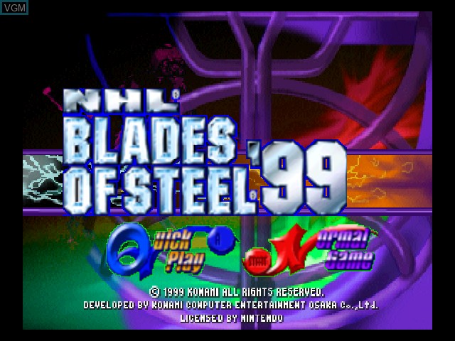 Title screen of the game NHL Blades of Steel '99 on Nintendo 64