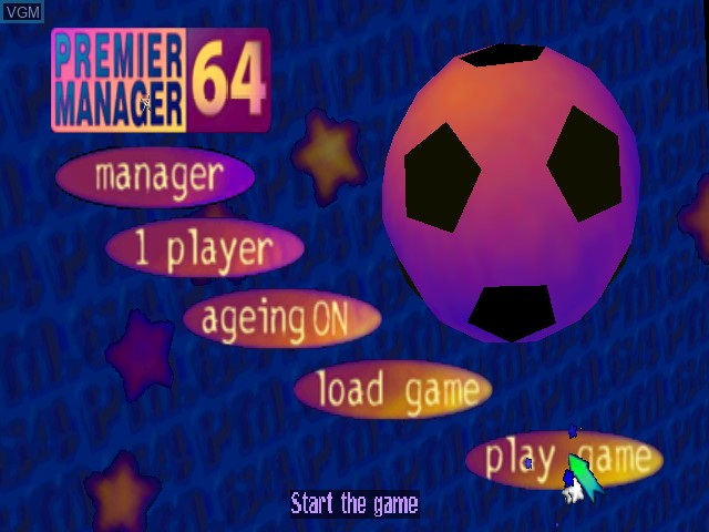Title screen of the game Premier Manager 64 on Nintendo 64