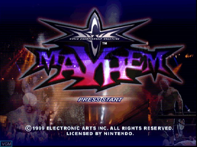 Title screen of the game WCW Mayhem on Nintendo 64