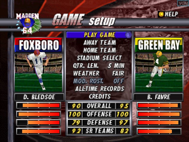 Menu screen of the game Madden Football 64 on Nintendo 64