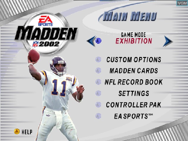 Menu screen of the game Madden NFL 2002 on Nintendo 64