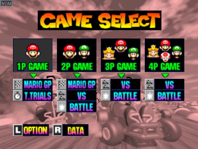 Menu screen of the game Mario Kart 64 on Nintendo 64